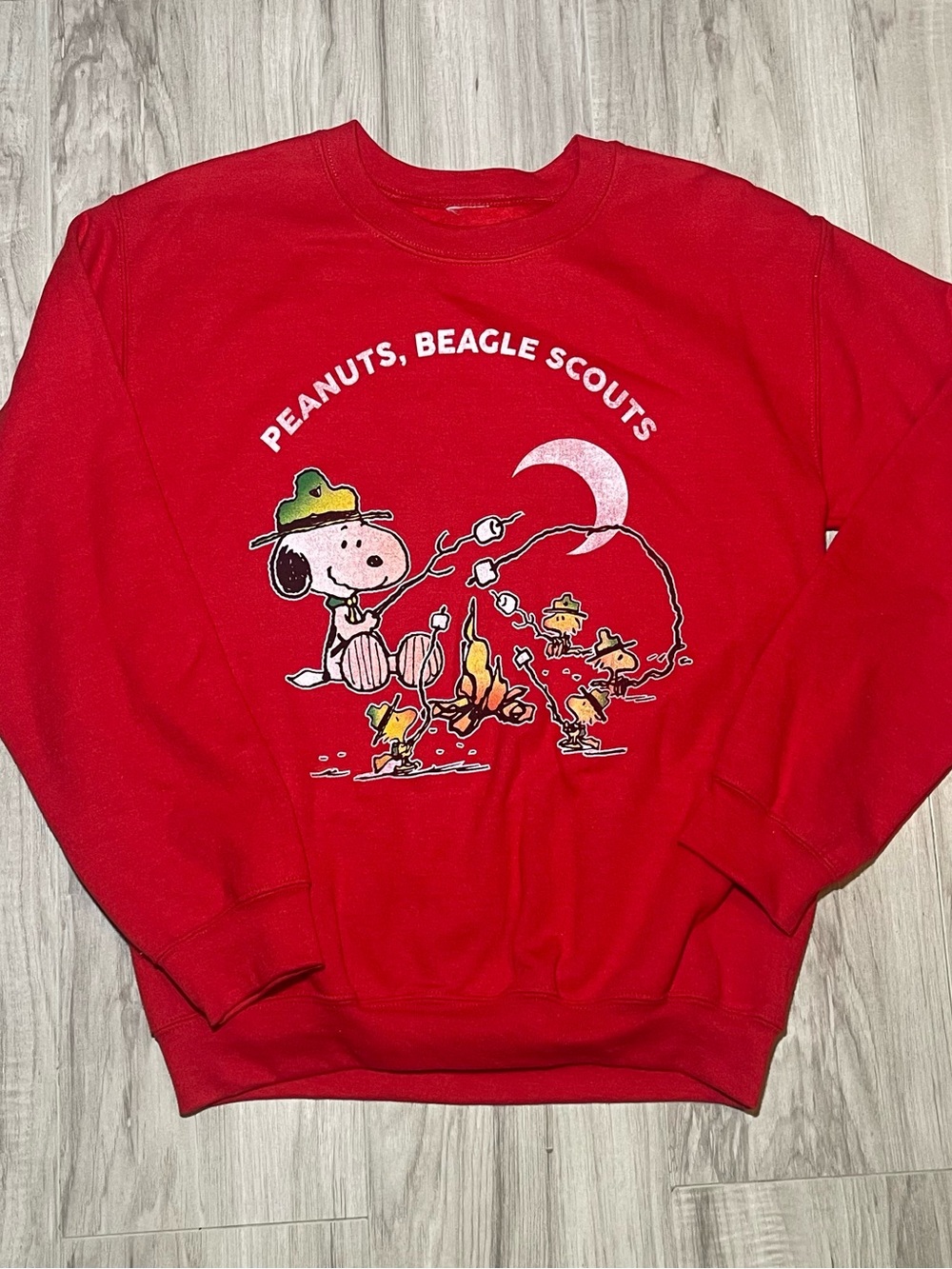 Peanuts Snoopy Beagle Scouts Campfire Red Crewneck Sweatshirt Size S 2017